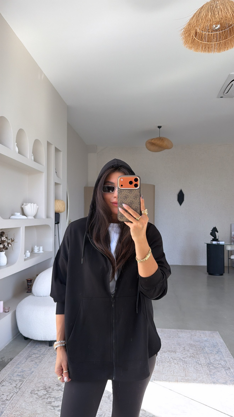 Siyah Fermuarlı Cepli Modal Hoodie