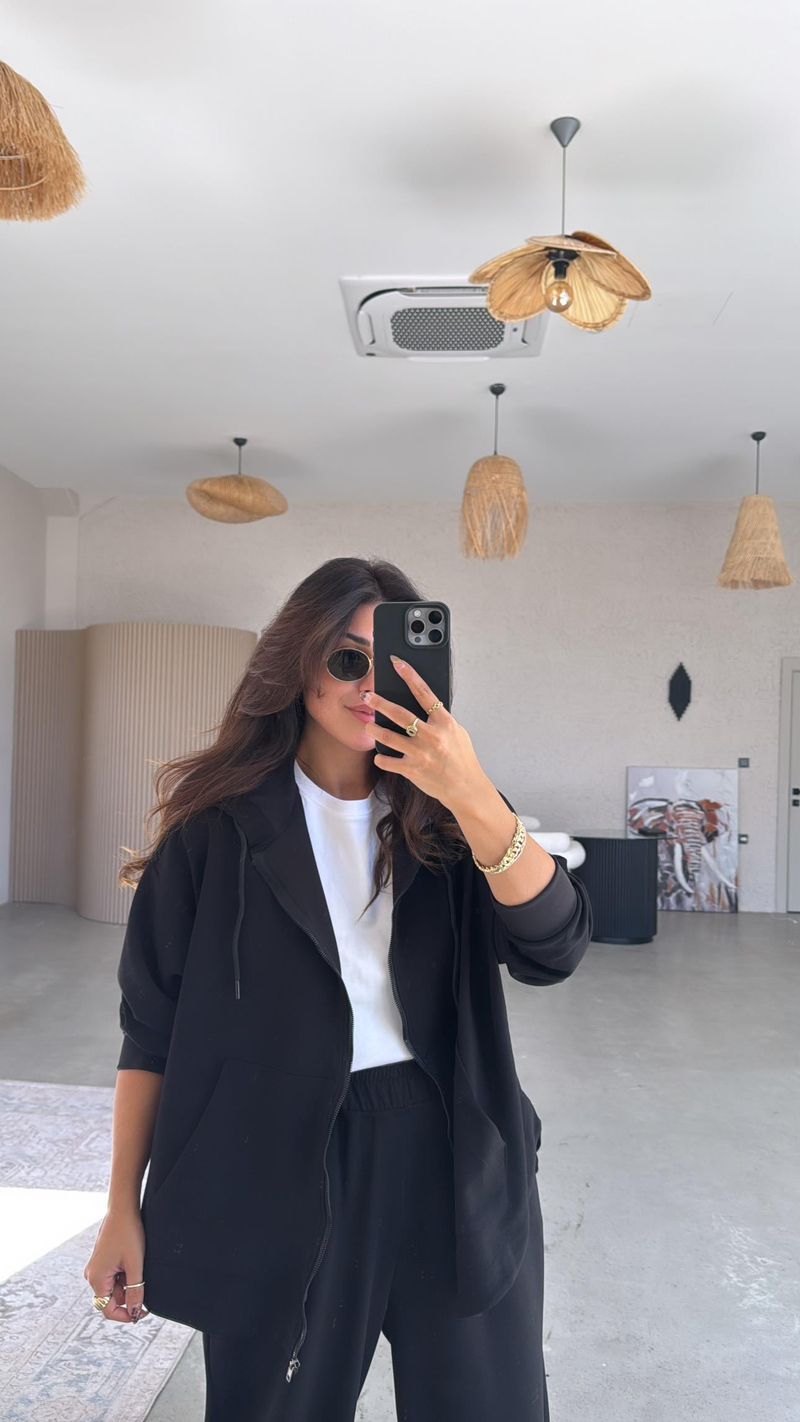Siyah Fermuarlı Modal Hoodie