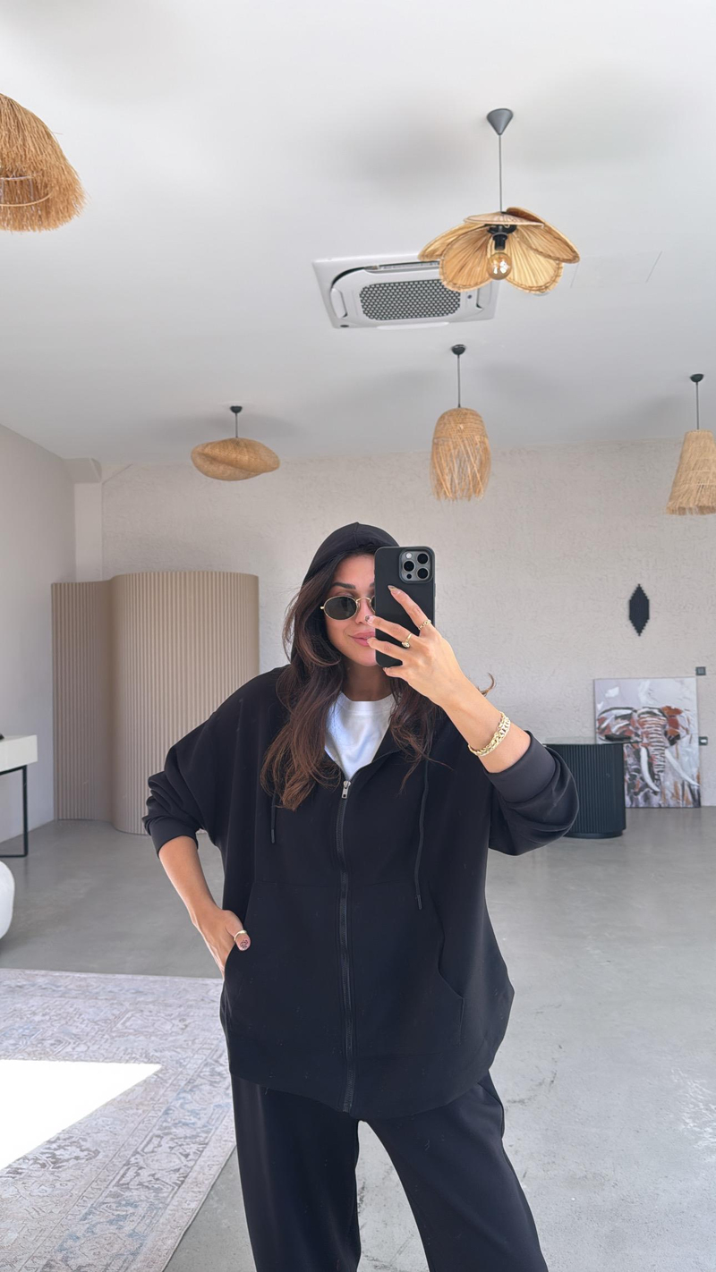 Siyah Fermuarlı Modal Hoodie