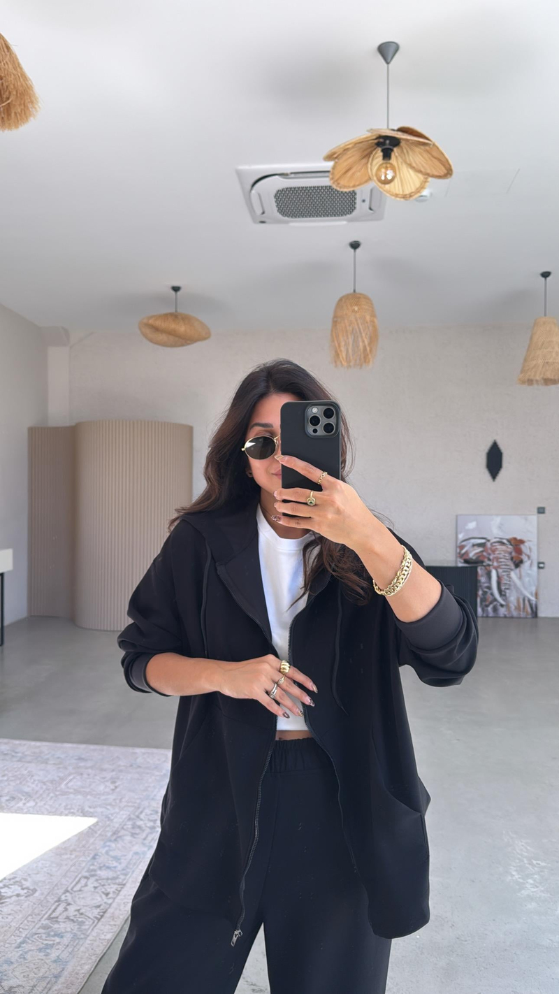 Siyah Fermuarlı Modal Hoodie