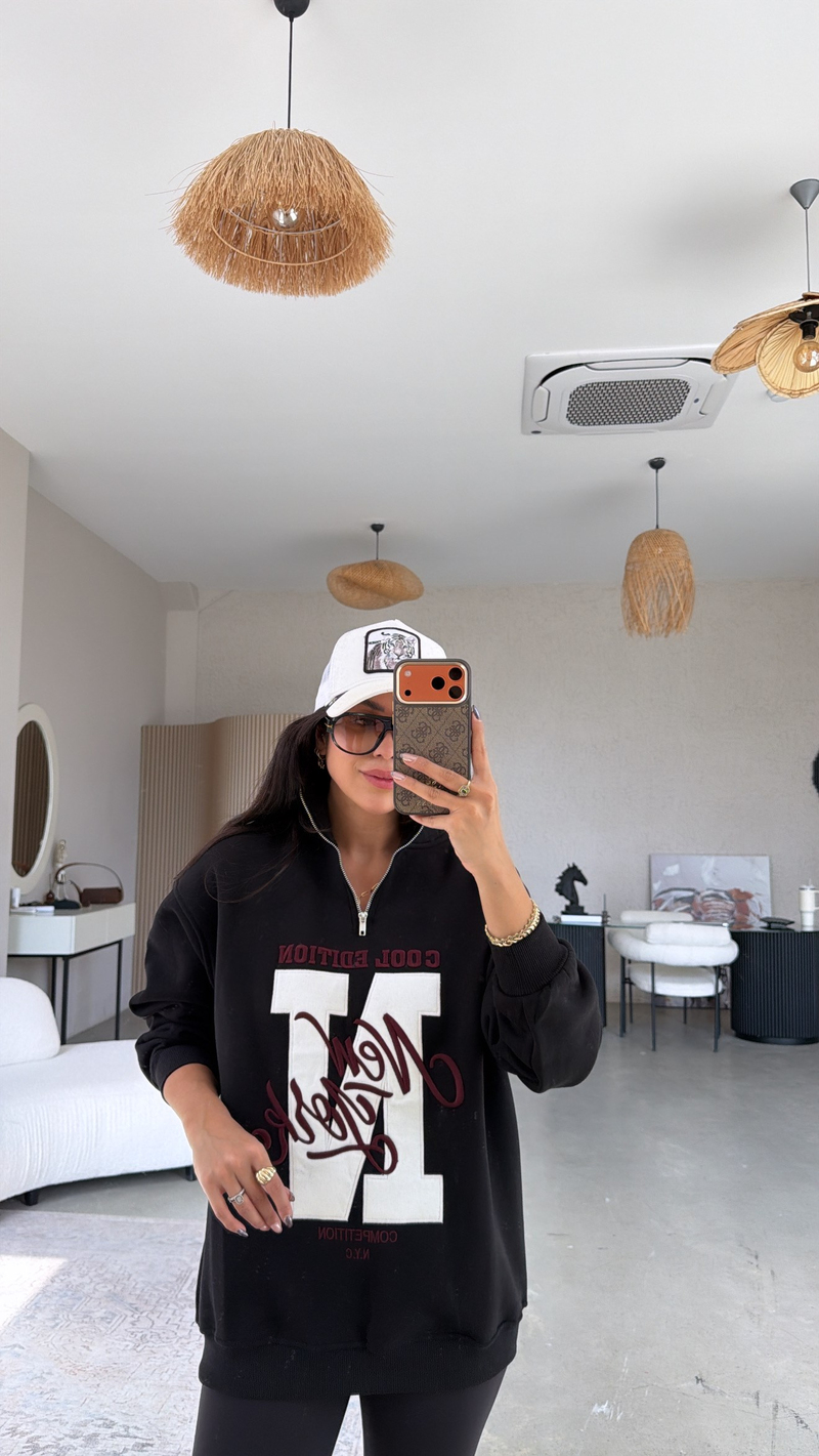 Siyah Fermuarlı Şardonlu New York Sweatshirt