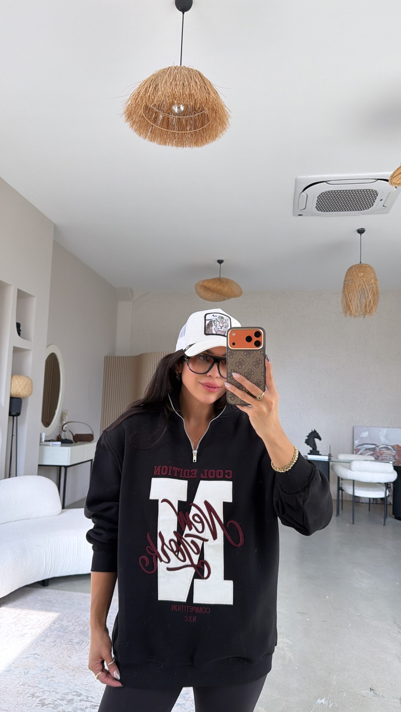 Siyah Fermuarlı Şardonlu New York Sweatshirt