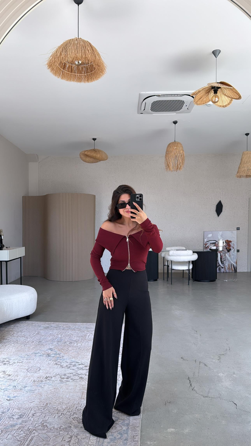 Siyah Gizli Kemer Palazzo Kumaş Pantolon