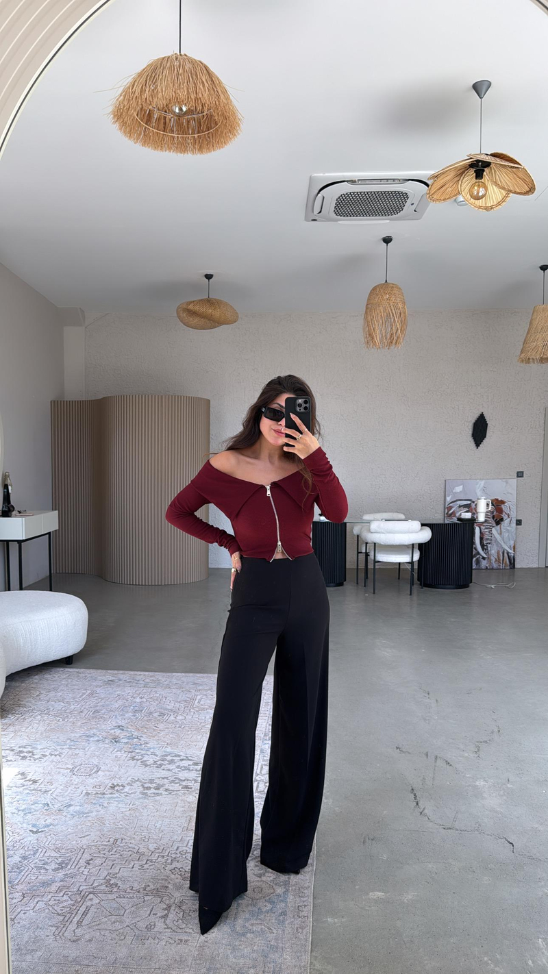 Siyah Gizli Kemer Palazzo Kumaş Pantolon