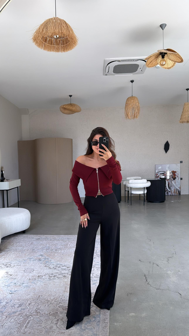 Siyah Gizli Kemer Palazzo Kumaş Pantolon