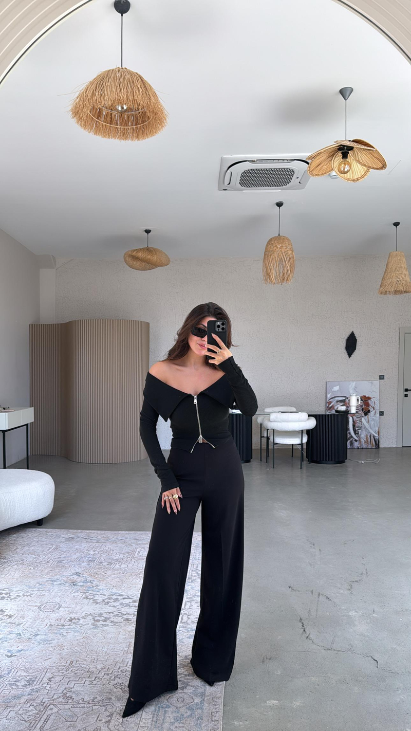 Siyah Gizli Kemer Palazzo Kumaş Pantolon
