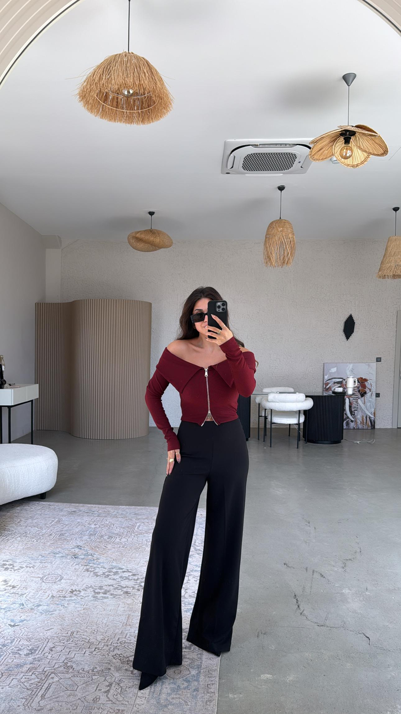 Siyah Gizli Kemer Palazzo Kumaş Pantolon