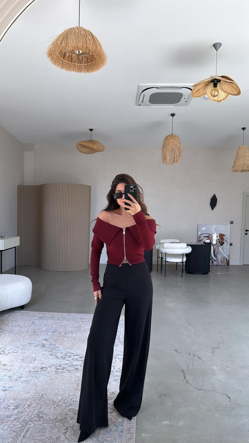 Siyah Gizli Kemer Palazzo Kumaş Pantolon