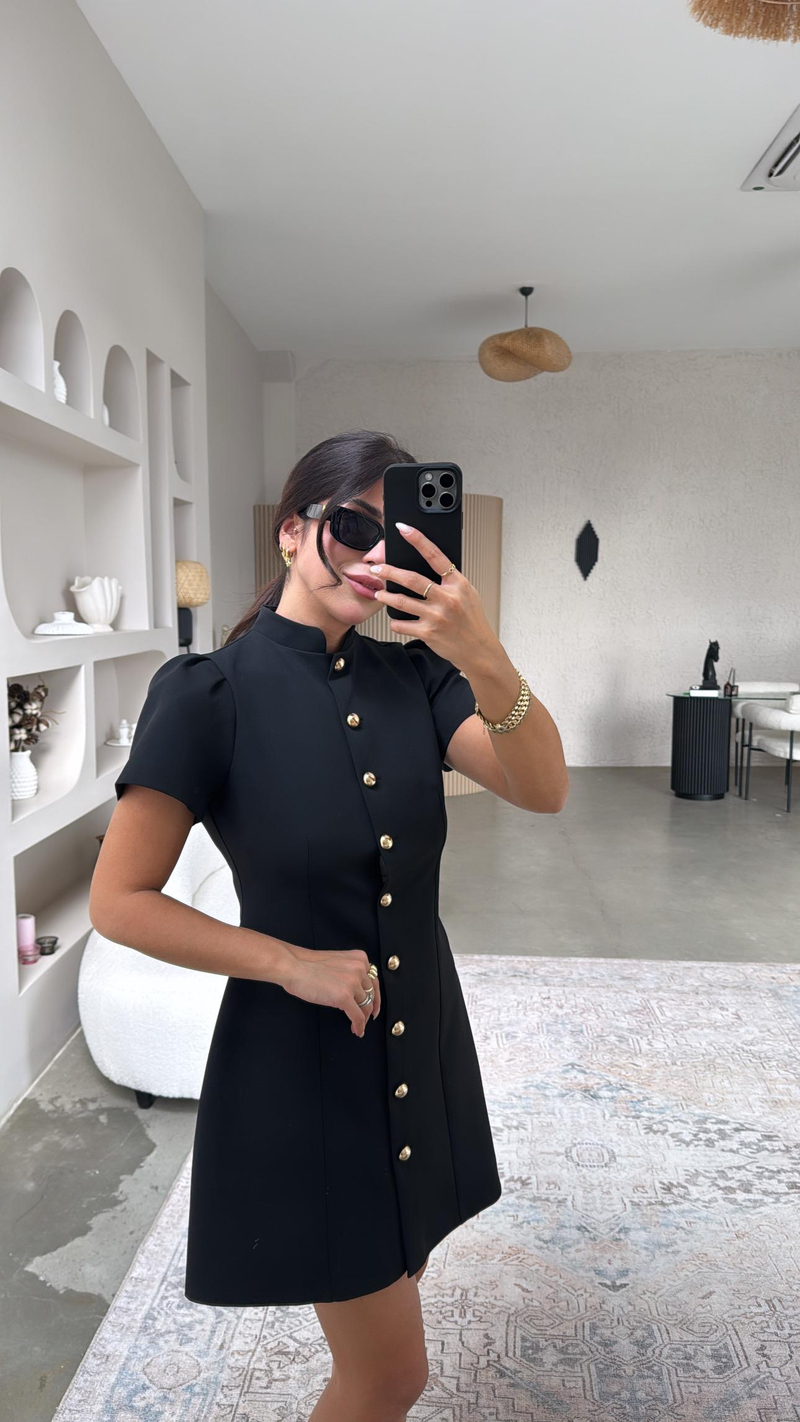 Siyah Gold Detaylı Tok Kumaş Premium Kalıp Elbise