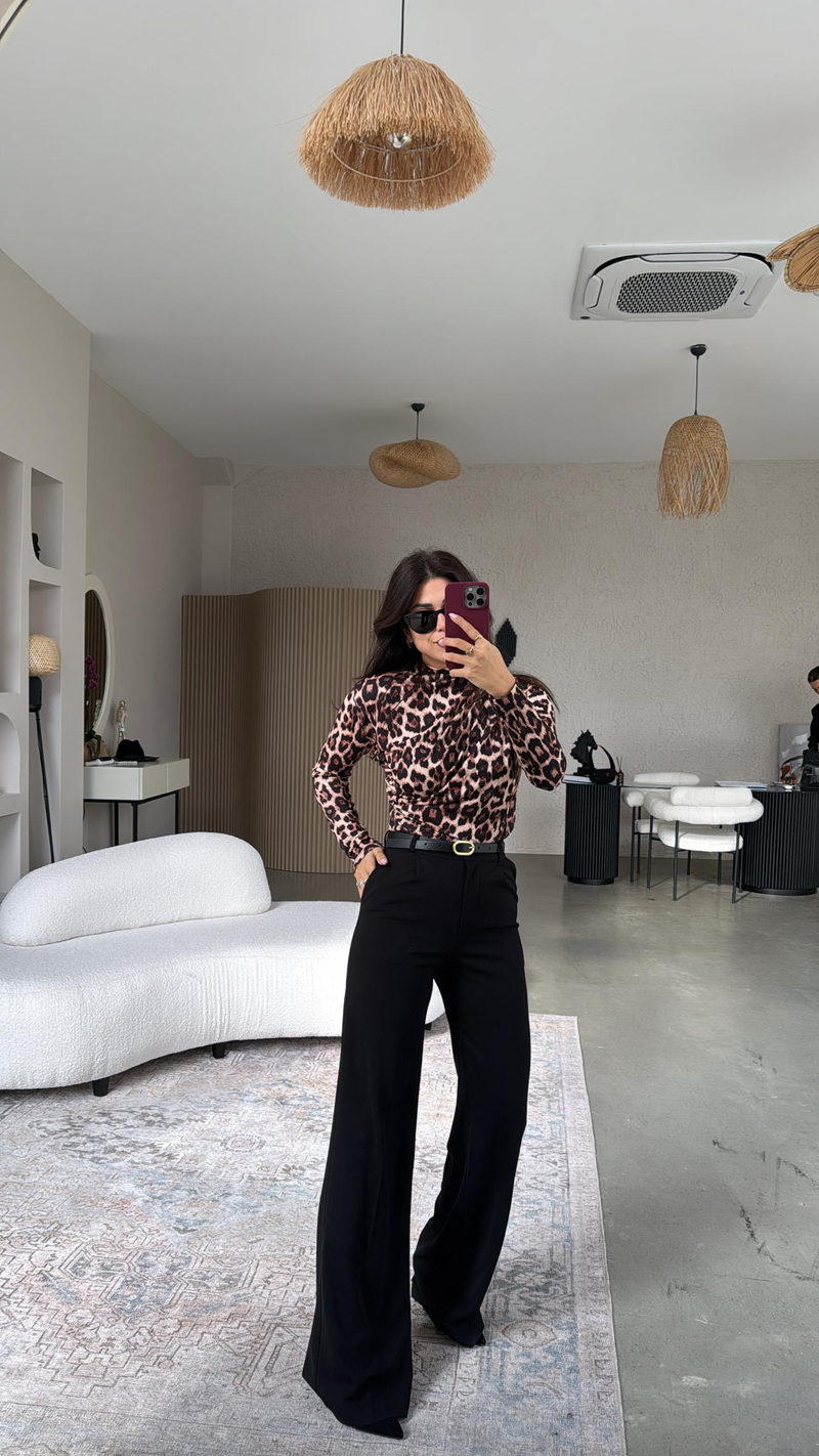 Siyah İnce Kemerli Palazzo Pantolon
