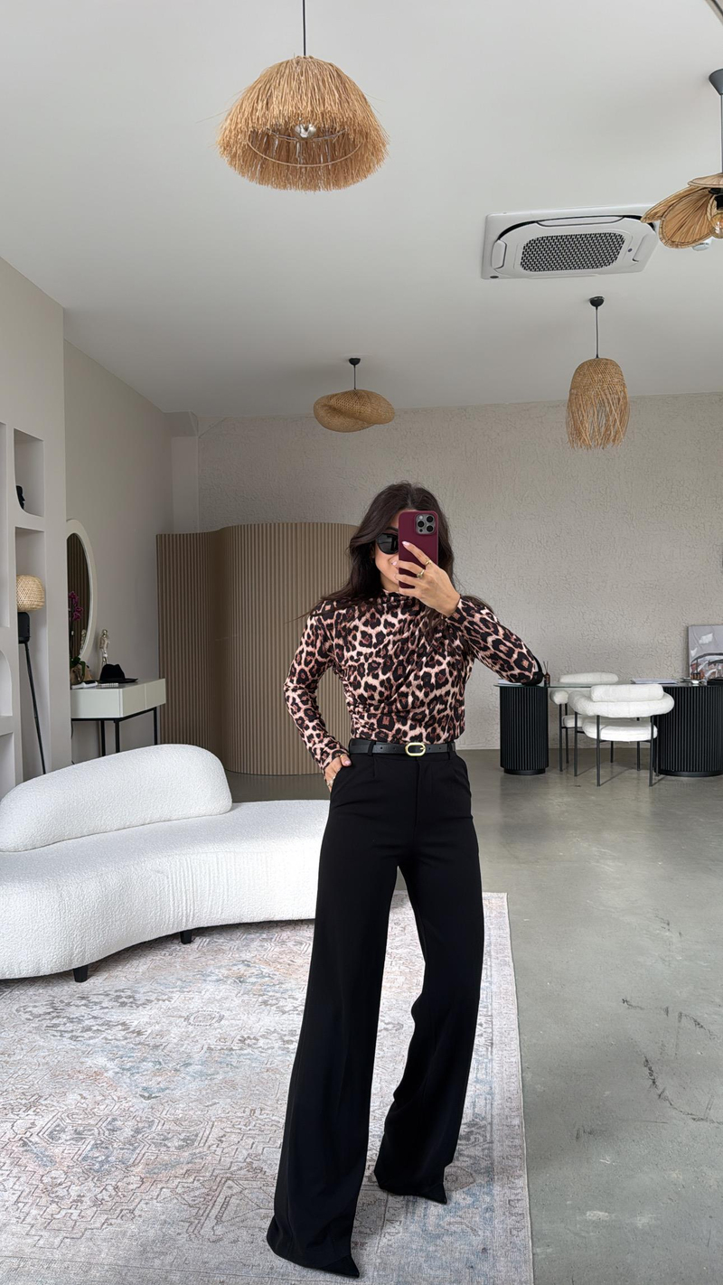 Siyah İnce Kemerli Palazzo Pantolon