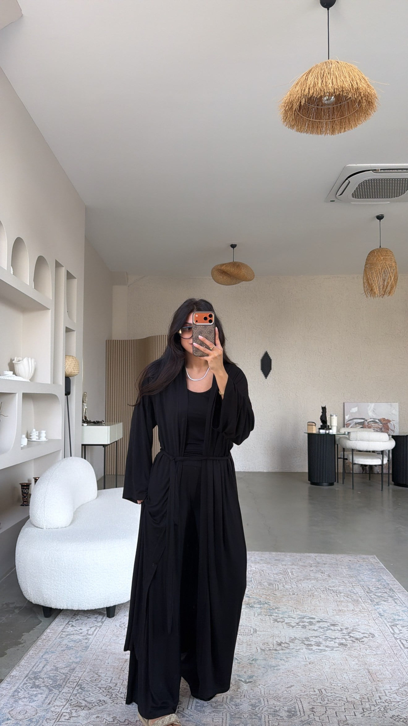 Siyah İnce Modal Üçlü Kimono Atlet Pantolon Takım