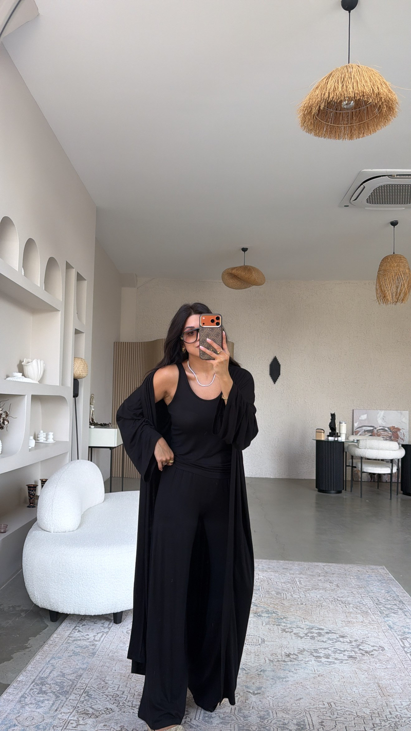 Siyah İnce Modal Üçlü Kimono Atlet Pantolon Takım