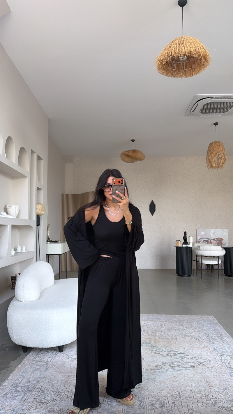 Siyah İnce Modal Üçlü Kimono Atlet Pantolon Takım