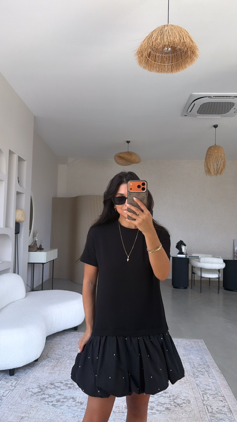 Siyah İncili Poplin Balon Etekli Modal Kumaşlı Garnili Bym Elbise