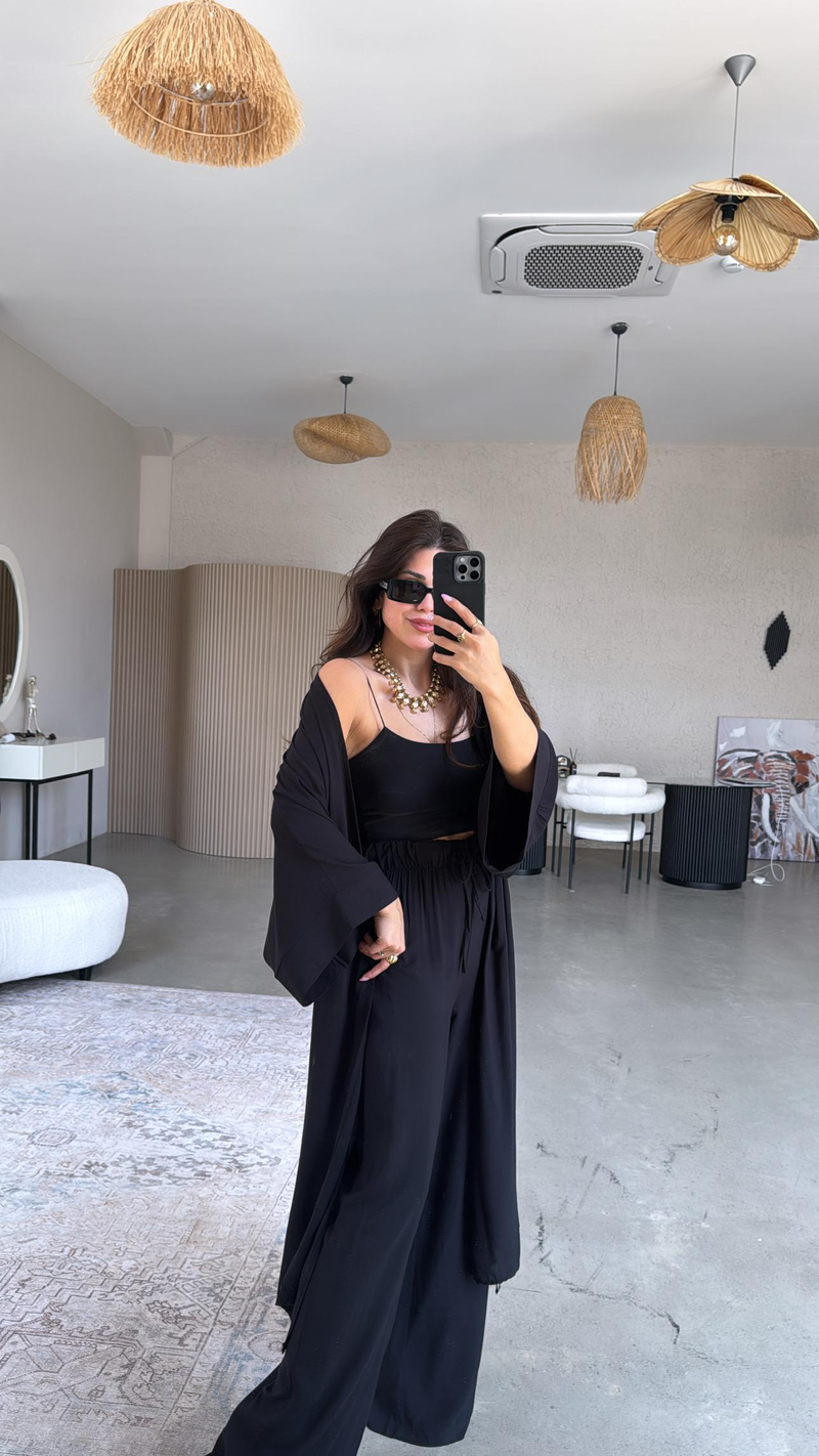 Siyah Juna Kimono Pantolon Takım