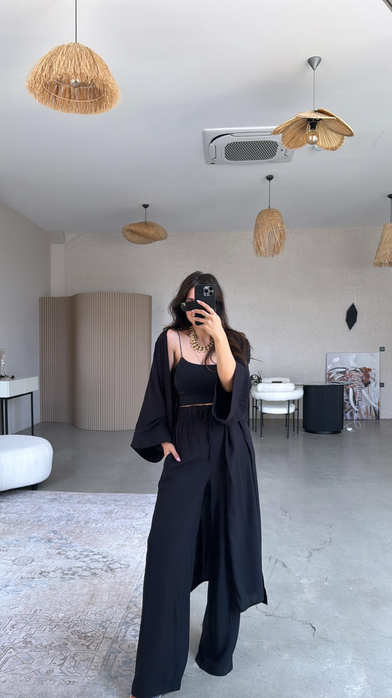 Siyah Juna Kimono Pantolon Takım