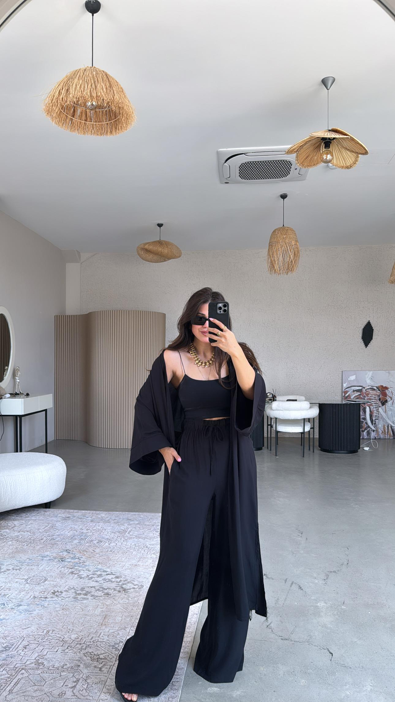 Siyah Juna Kimono Pantolon Takım