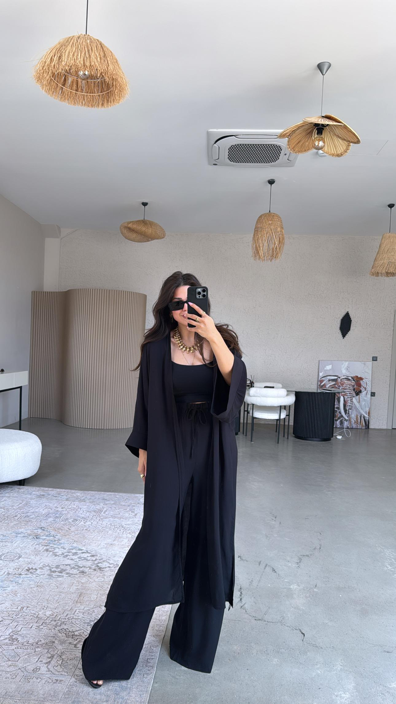 Siyah Juna Kimono Pantolon Takım