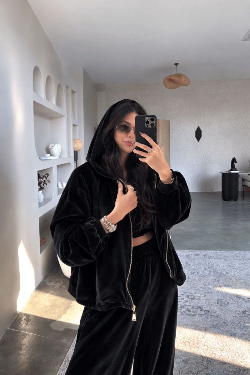 Siyah Kadife Üçlü Hoodie Atlet Pantolon Takım