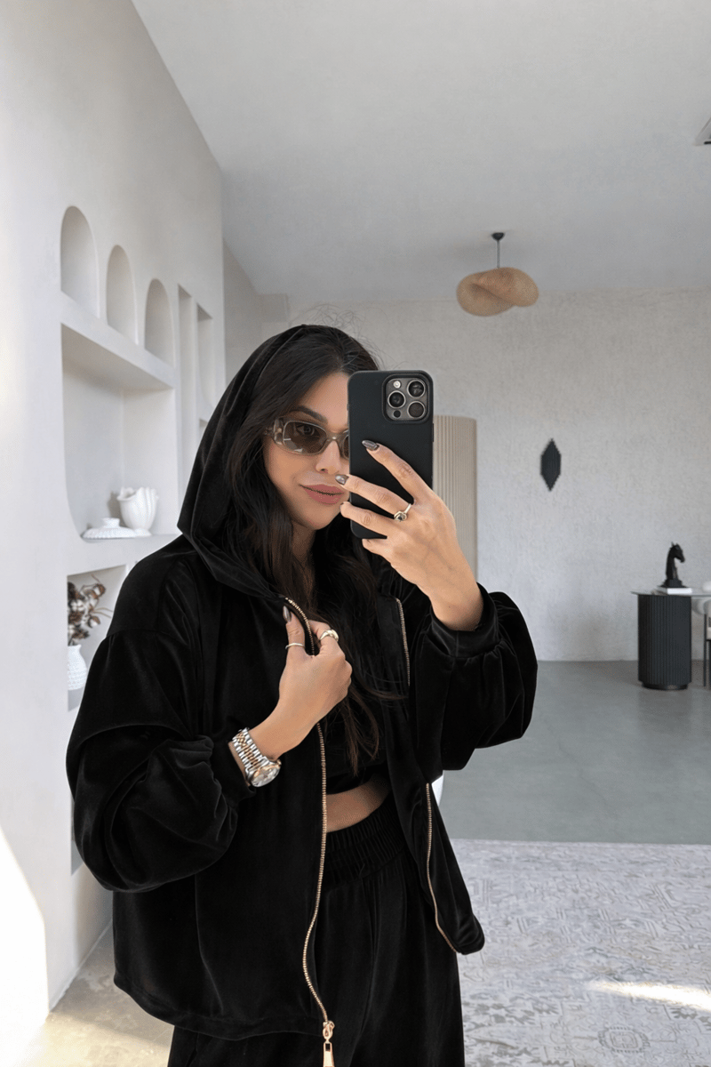 Siyah Kadife Üçlü Hoodie Atlet Pantolon Takım