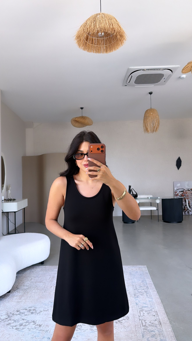 Siyah Kalın Askılı Basic Modal Elbise