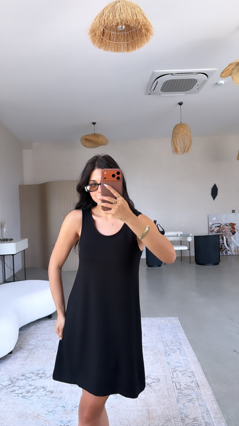 Siyah Kalın Askılı Basic Modal Elbise