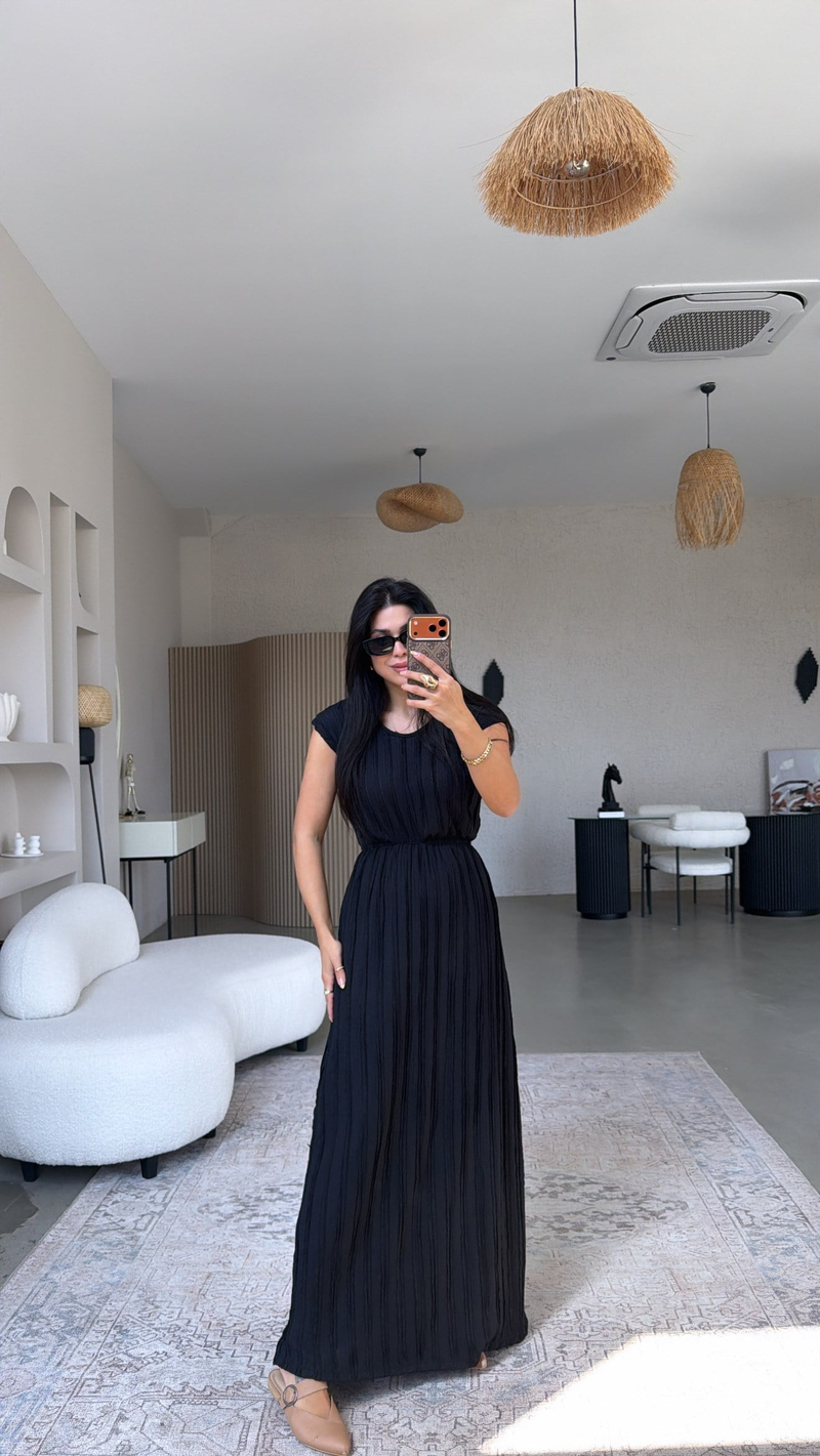 Siyah Kendinden Çizgi Dokulu Beli Lastikli Maxi Bürümcük Elbise