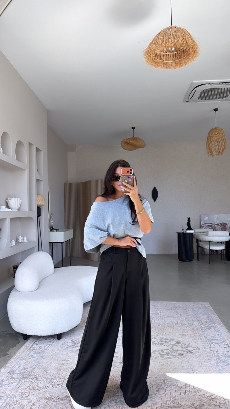Siyah Kendinden Çizgili Palazzo Pantolon
