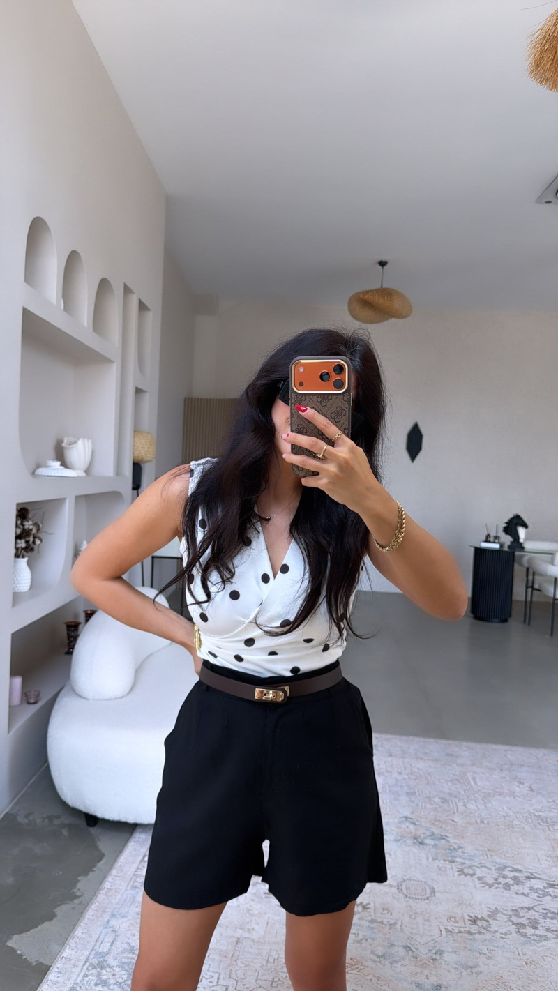 Siyah Keten Premium Kemerli Şort