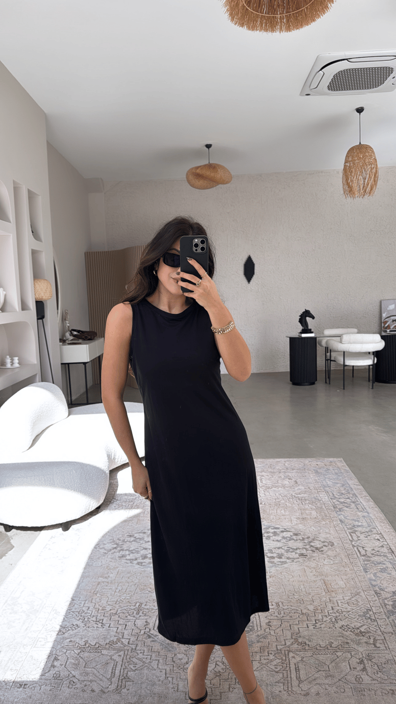 Siyah Kolsuz Tensel Basic Elbise