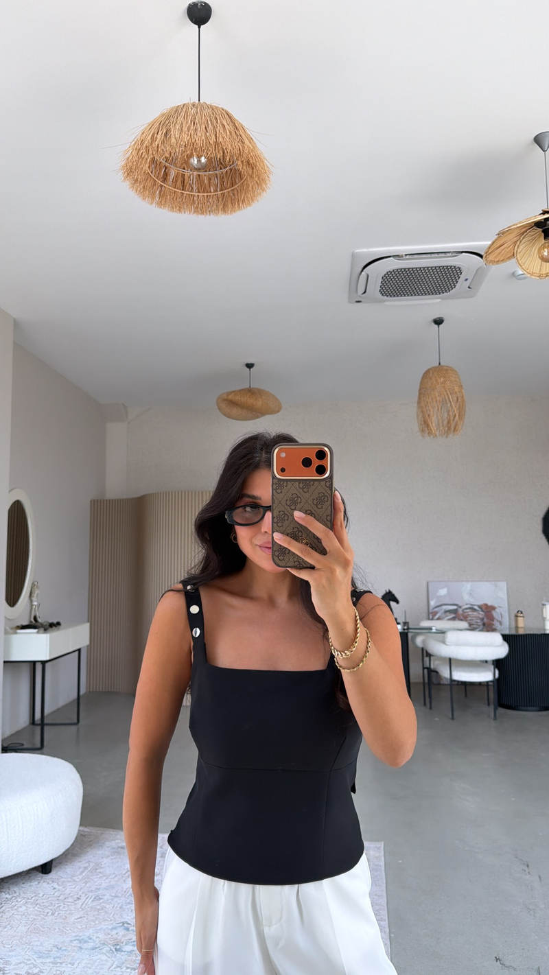 Siyah Krep Kumaş Çıtçıt Askılı Premium Bluz