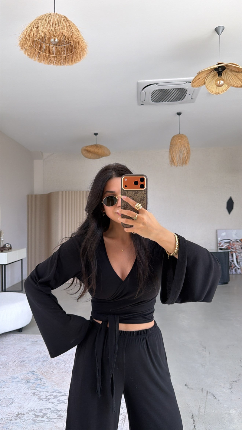 Siyah Kruvaze İnce Bolero Pantolon Takım