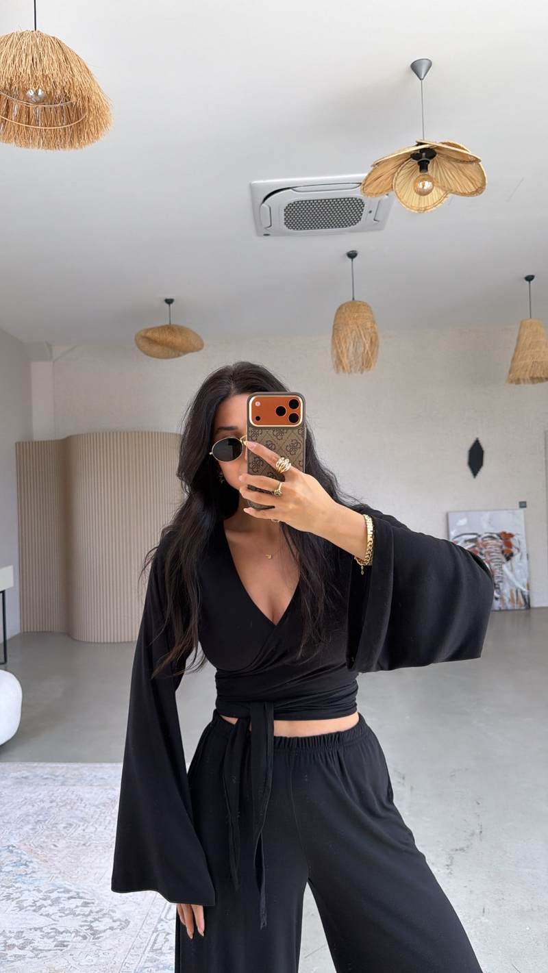 Siyah Kruvaze İnce Bolero Pantolon Takım