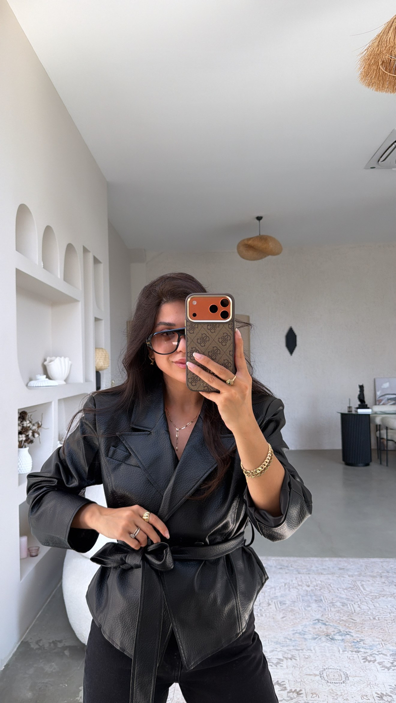 Siyah Kuşaklı ZR Model Deri Premium Ceket