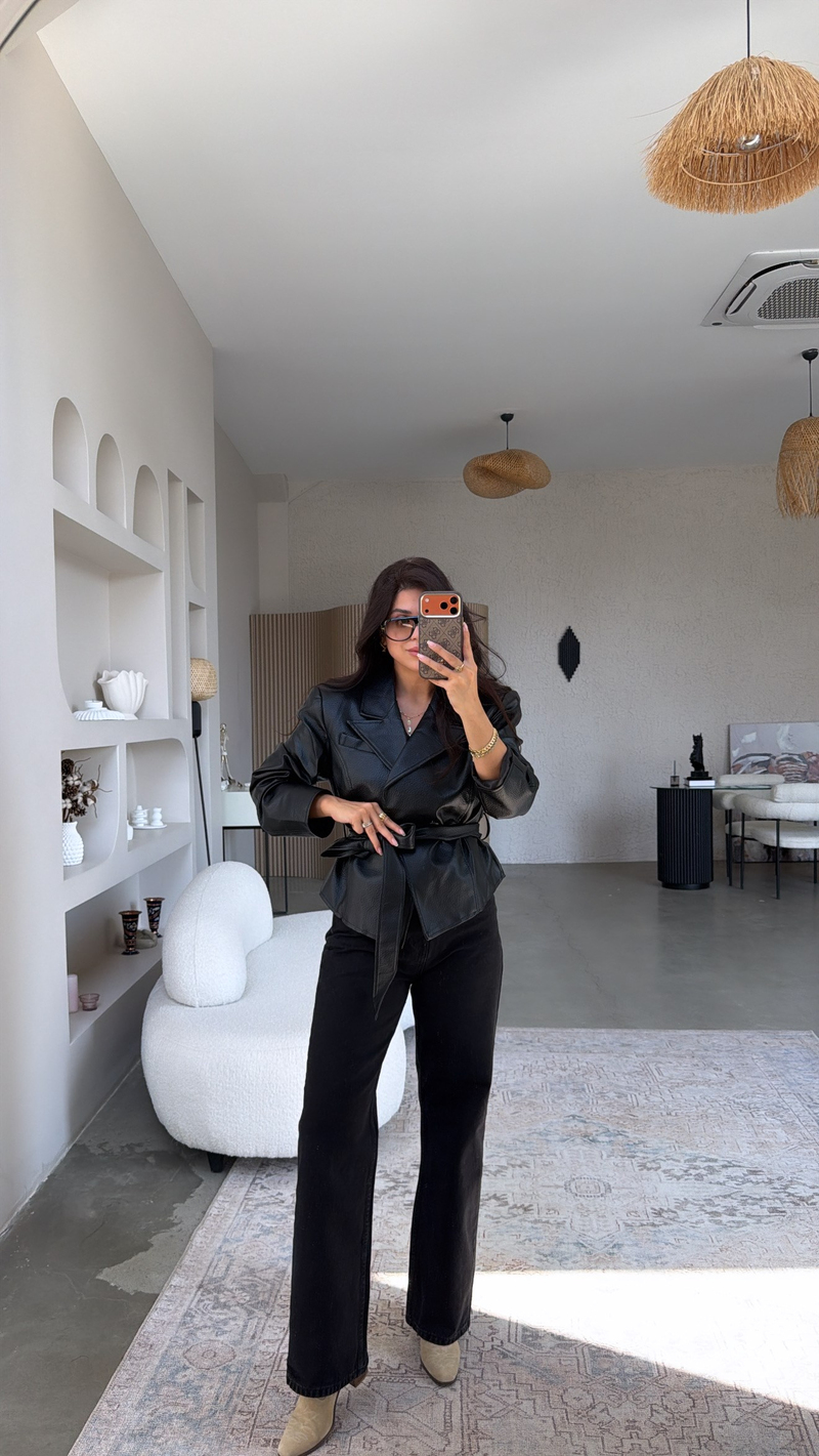 Siyah Kuşaklı ZR Model Deri Premium Ceket