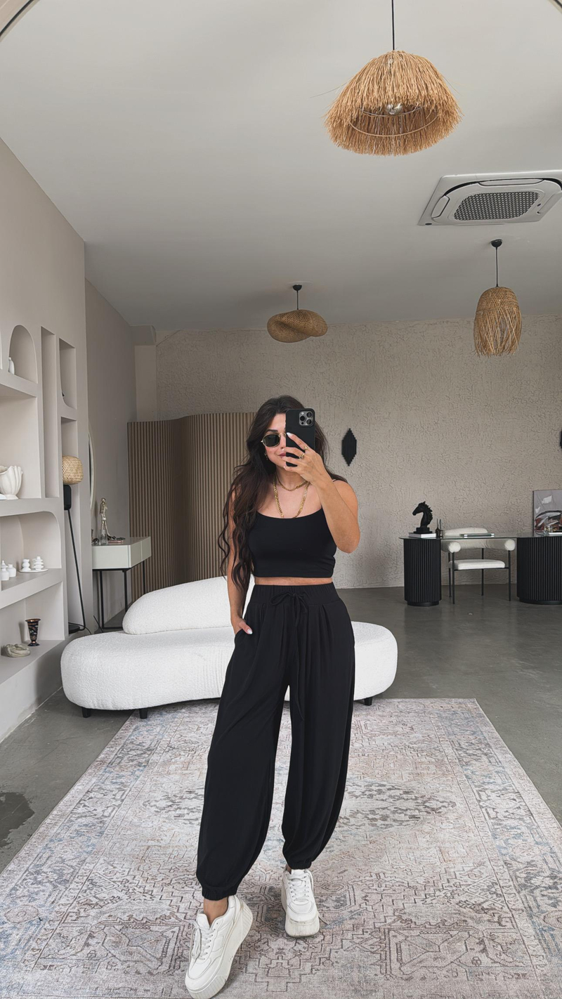 Siyah Lastik Askı Crop