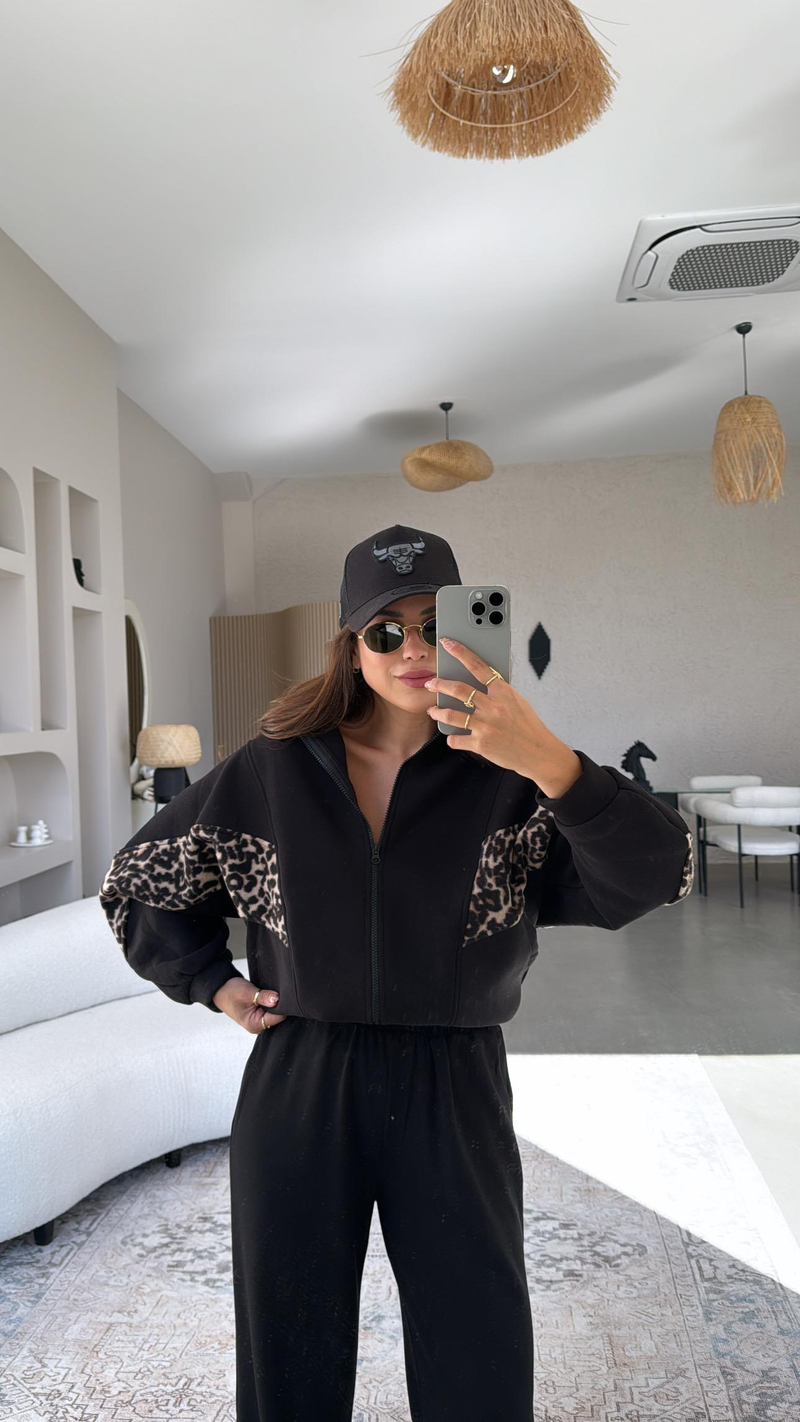 Siyah Leopar Şeritli Hoodie