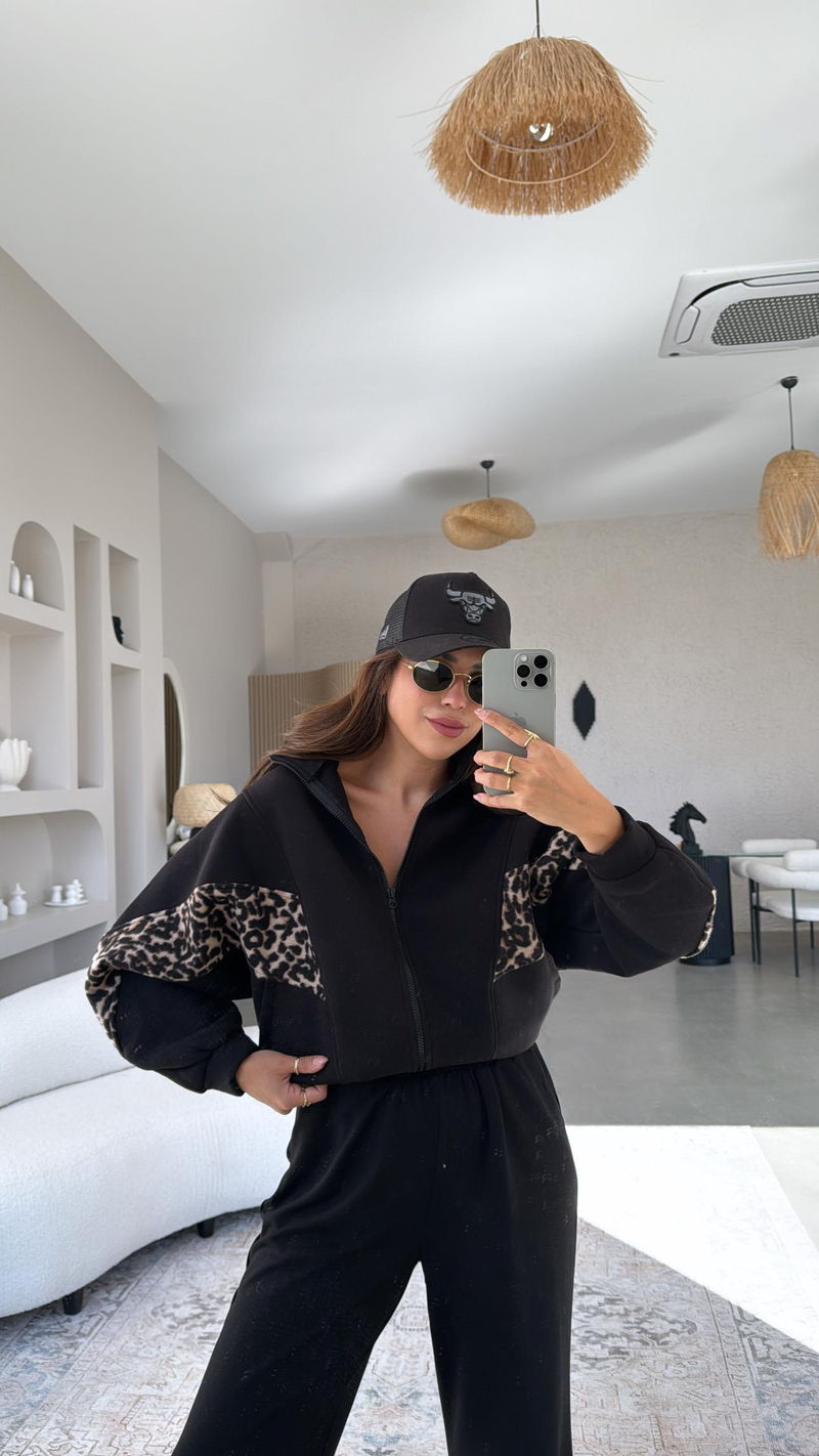 Siyah Leopar Şeritli Hoodie