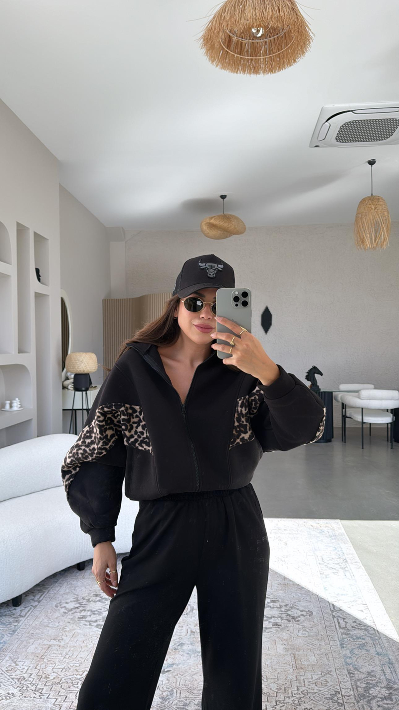 Siyah Leopar Şeritli Hoodie