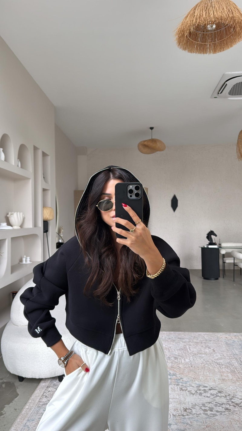 Siyah M Nakış Üç İplik Şardonlu Hoodie