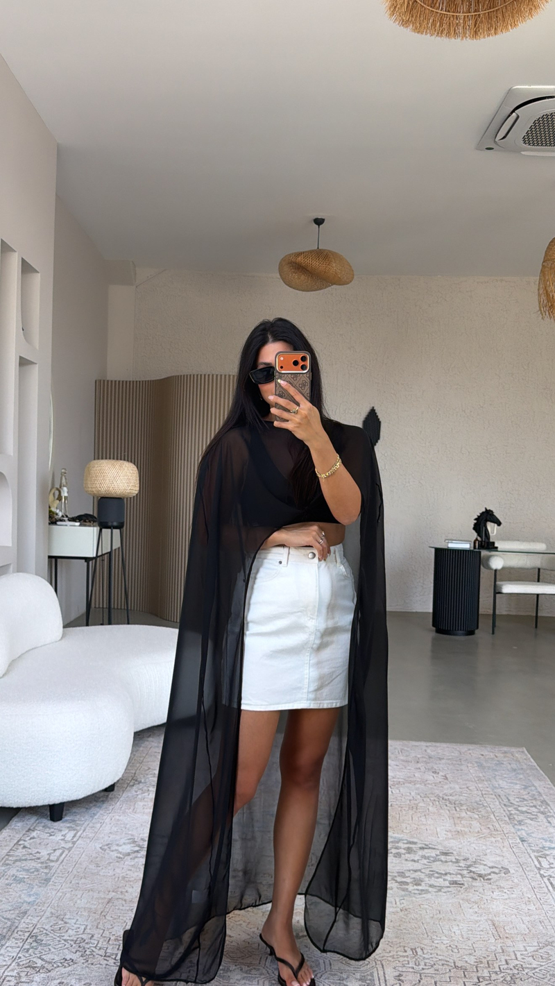 Siyah Maxi Boy Şifon Pelerin