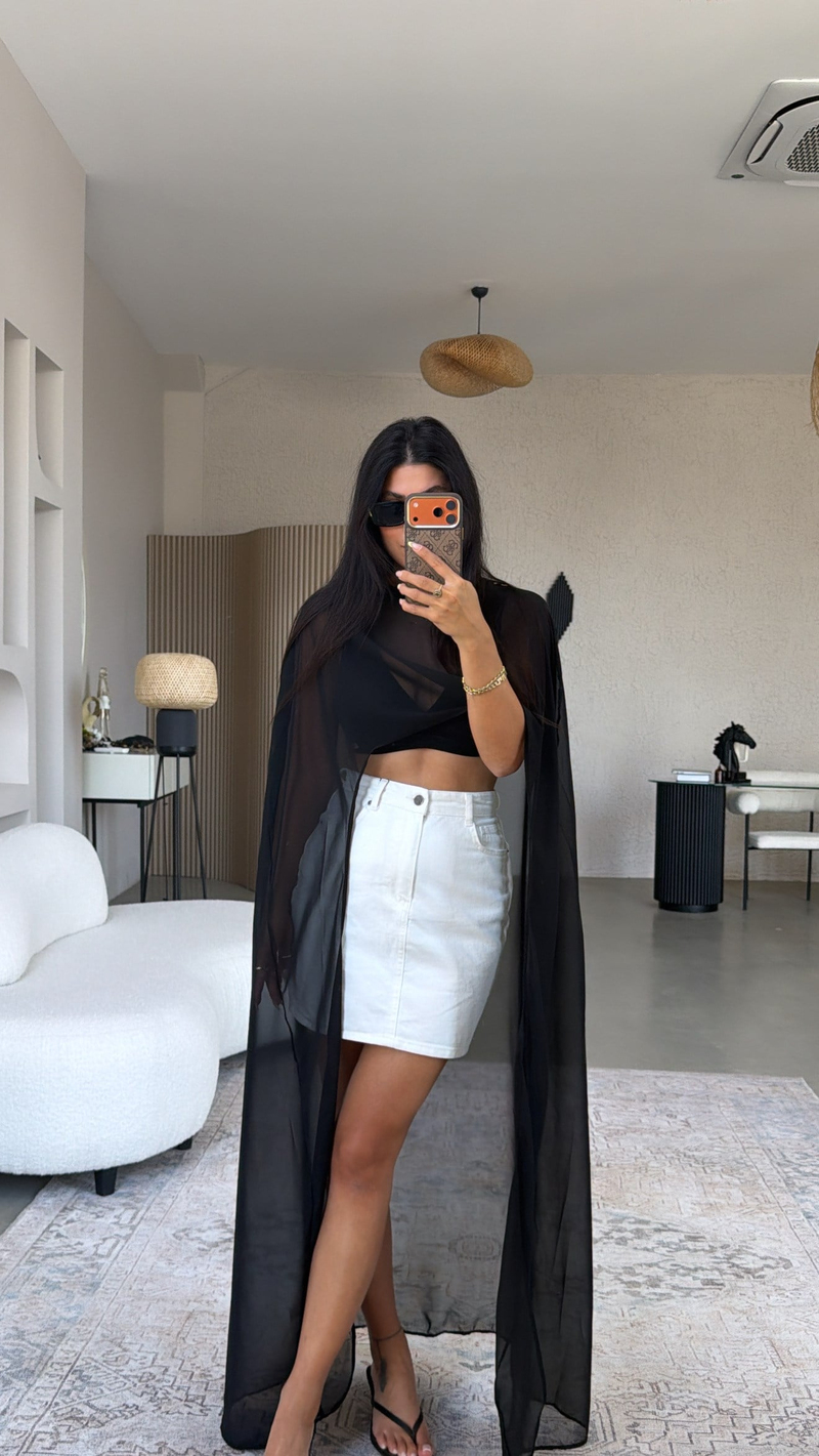 Siyah Maxi Boy Şifon Pelerin