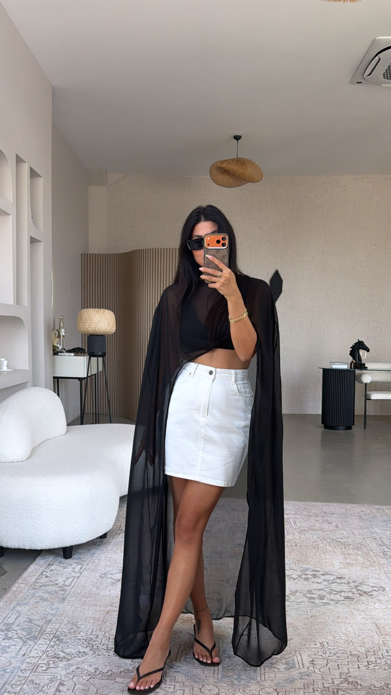 Siyah Maxi Boy Şifon Pelerin