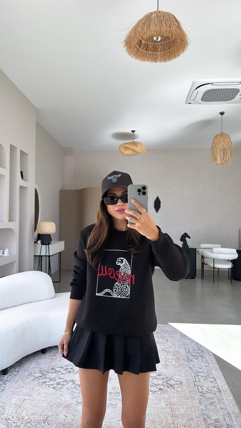Siyah Meow Baskılı Sweatshirt