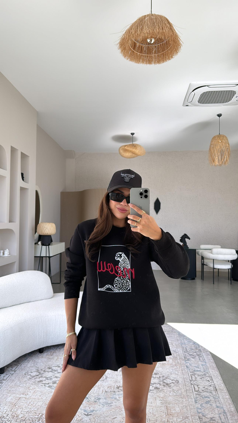 Siyah Meow Baskılı Sweatshirt