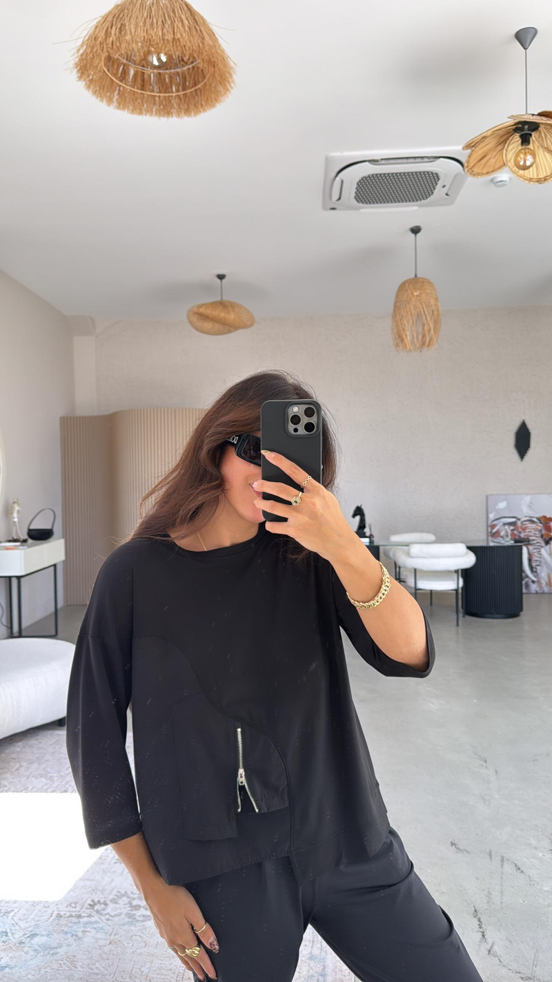 Siyah Mini Fermuar Detaylı Poplin Modal Bluz