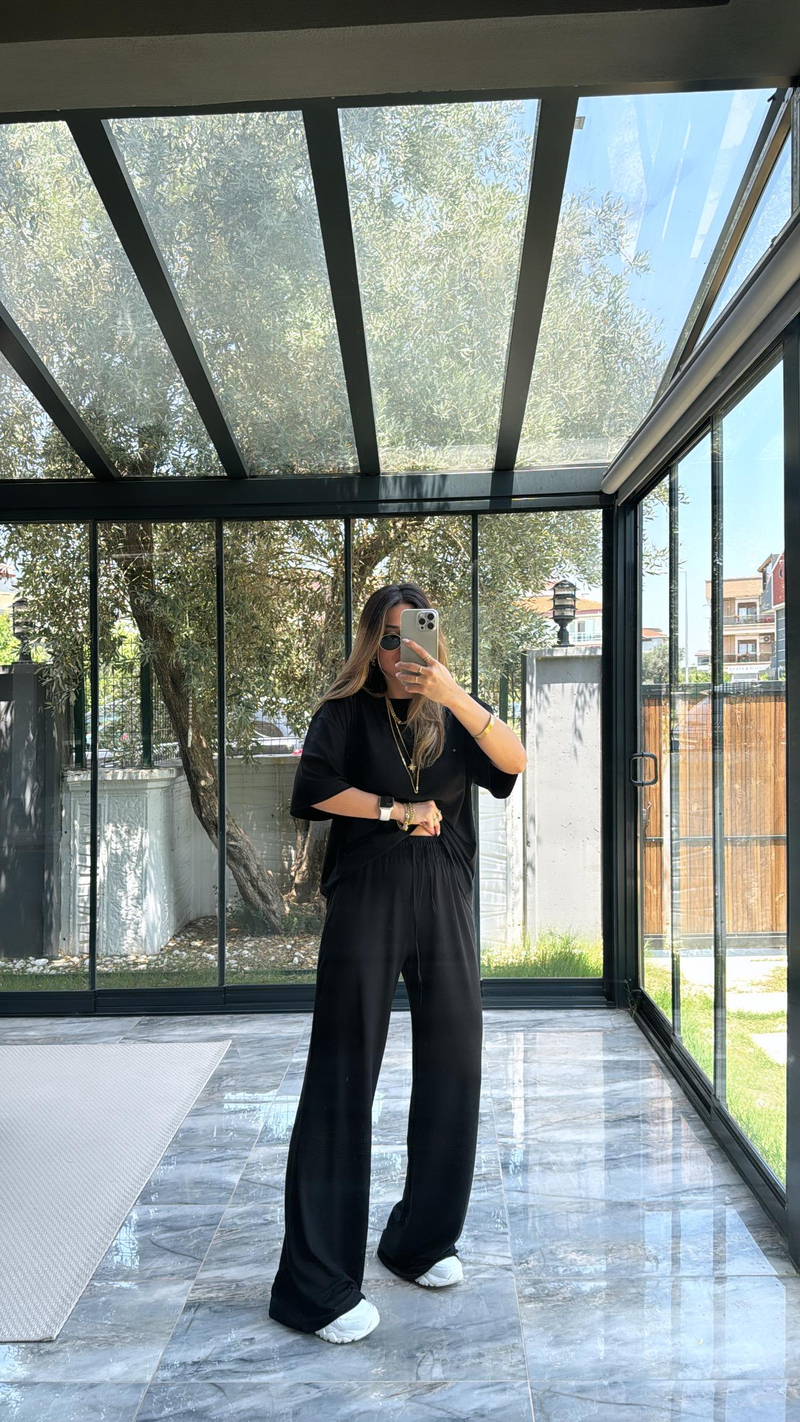Siyah Modal Kumaş Kısa Kol Pantolon Tshirt Takım