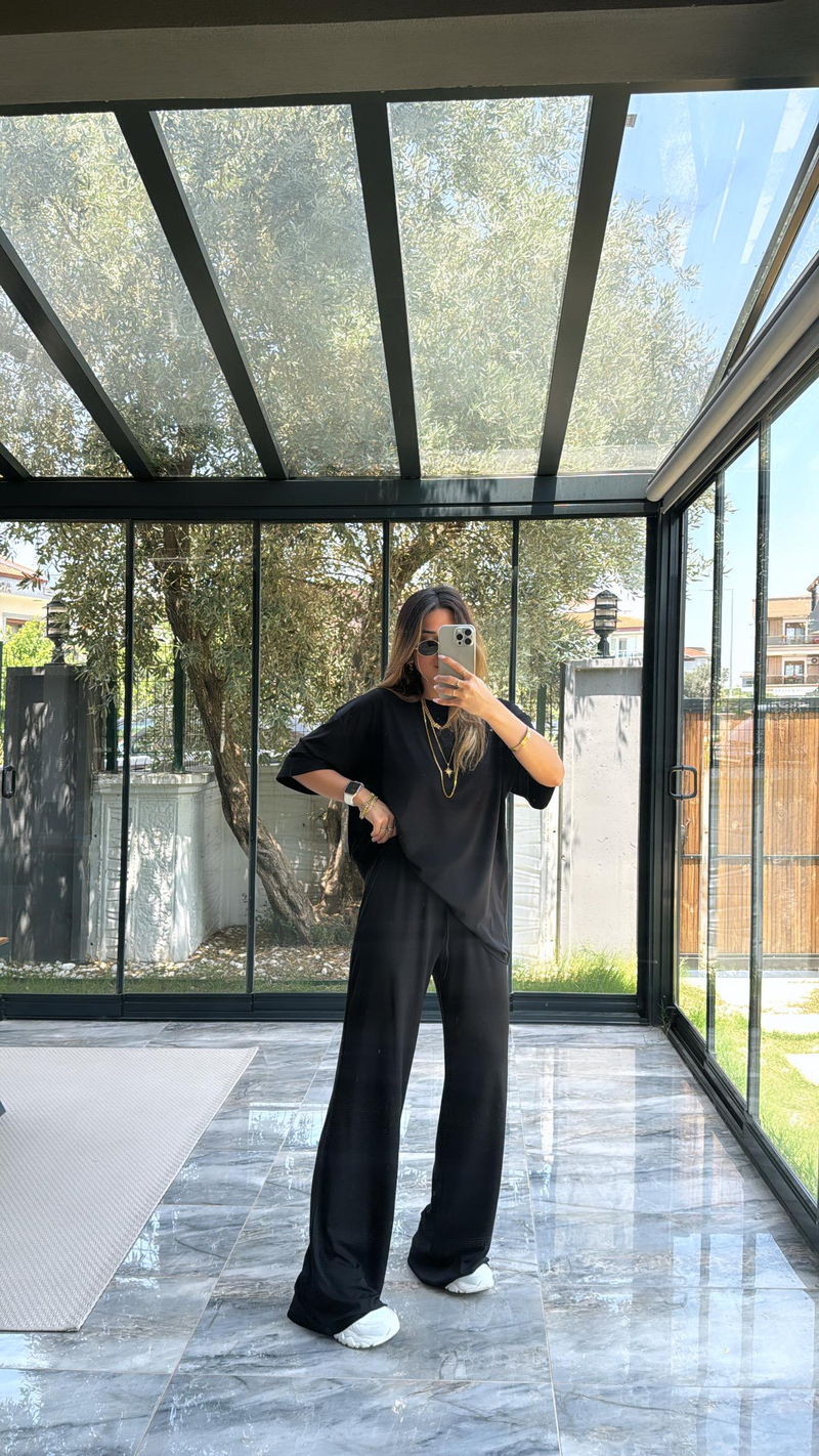 Siyah Modal Kumaş Kısa Kol Pantolon Tshirt Takım