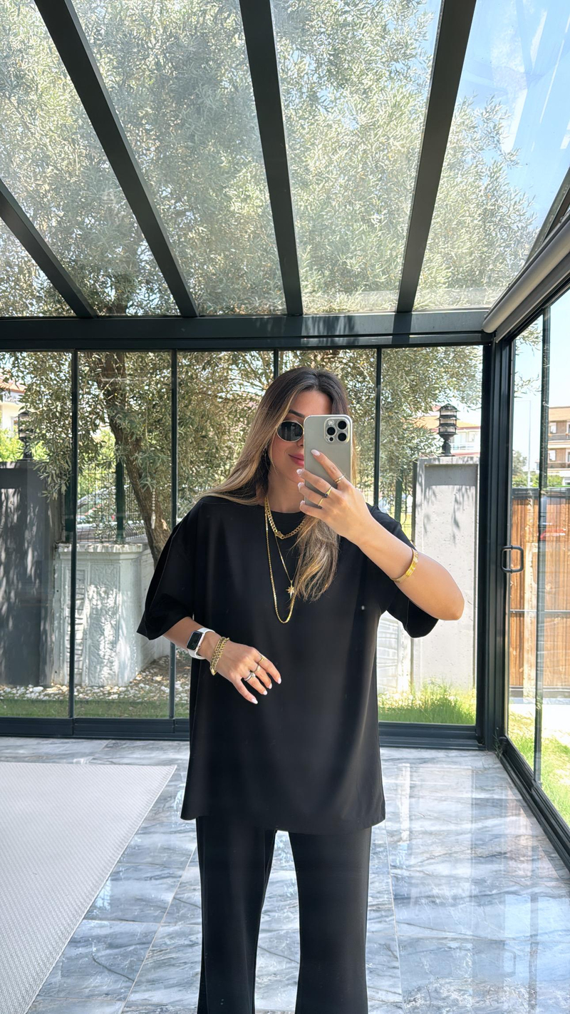 Siyah Modal Kumaş Kısa Kol Pantolon Tshirt Takım